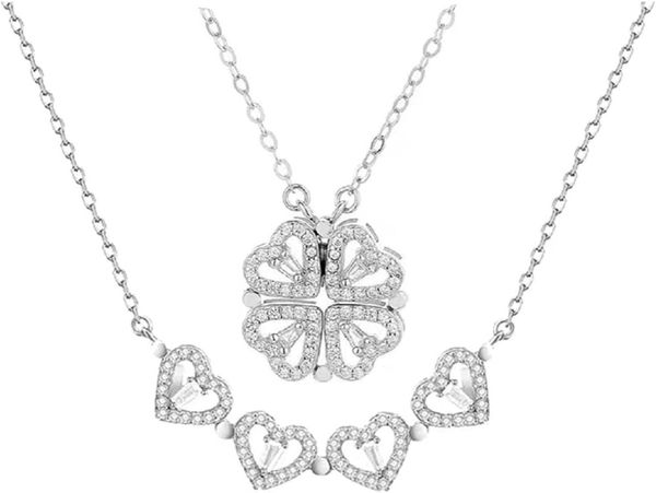 Collana con ciondolo convertibile in argento sterling a forma di cuore e quadrifoglio, gioielli con cristalli per donne e ragazze