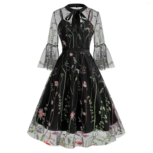 Lässige Kleider, Vintage-Eleganz, lang, für Halloween, modisch, mittelärmelig, dunkle Gothic-Blumenstickerei, zweiteiliges Kleid