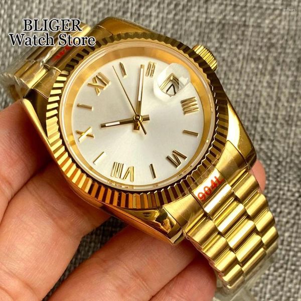 Armbanduhren 36mm 39mm polierte geriffelte Lünette NH35A Automatik Herrenuhr Gold römische Zahlen Silber Zifferblatt Stahlarmband Saphirglas