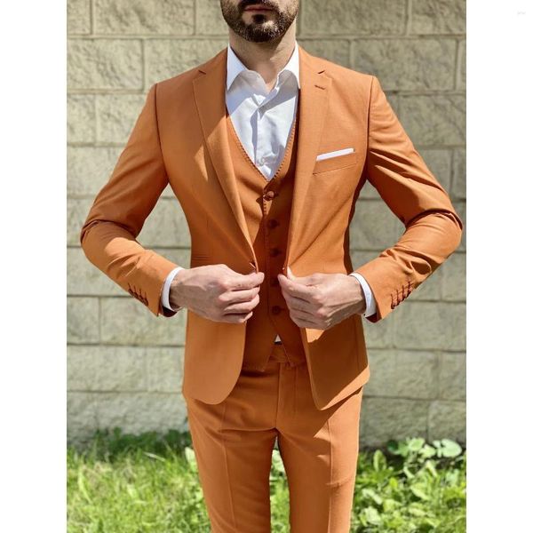 Herrenanzüge Terno Men Balzer Orange Einreiher Revers Revers Slim Fit Dreiteilige Jacke Hose Weste Luxus Hochzeit Hommbre Custom