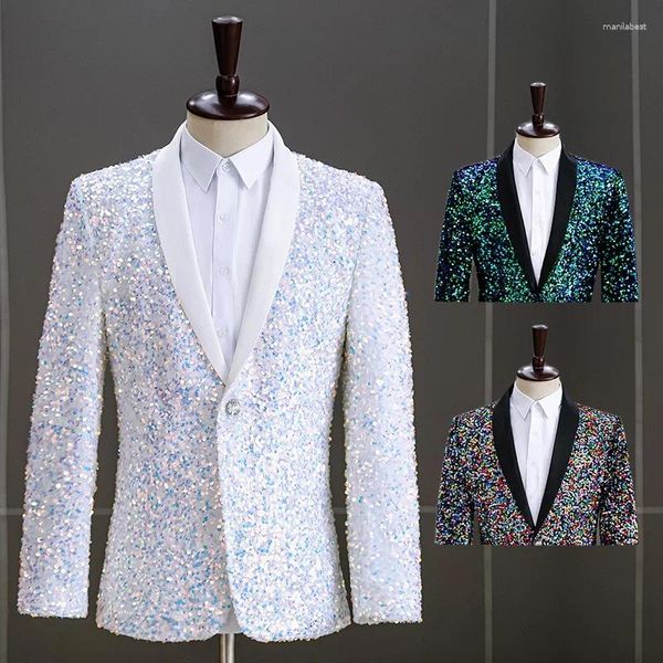 Abiti da uomo Paillettes Giacca da uomo Giacca Bianco Verde Spettacolo teatrale Host Festa di nozze Blazer maschile Bottone singolo Cappotti uomo casual alla moda