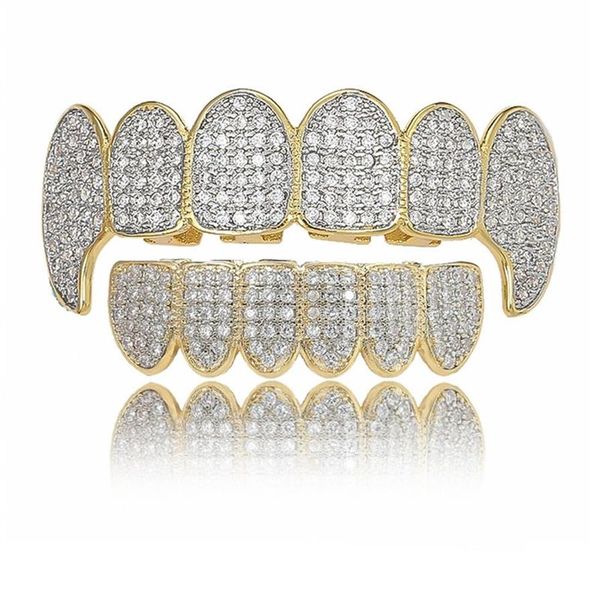 Oro lucido GHIACCIATO Denti Grillz Strass TopBottom Grills Set Gioielli Hip Hop246k