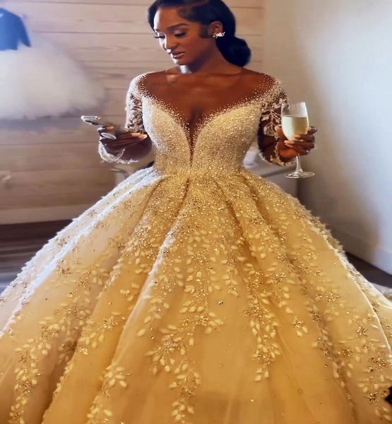 2023 ottobre arabo Aso Ebi Plus Size abito da ballo di lusso abito da sposa in pizzo con perline tulle abiti da sposa abiti ZJ266