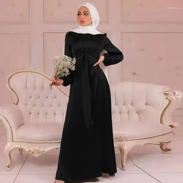 Abbigliamento etnico Eid Satin Abaya Abito avvolgente musulmano Ramadan Abaya nero per le donne Dubai Turchia Abiti da festa Abito islamico Hijab caftano