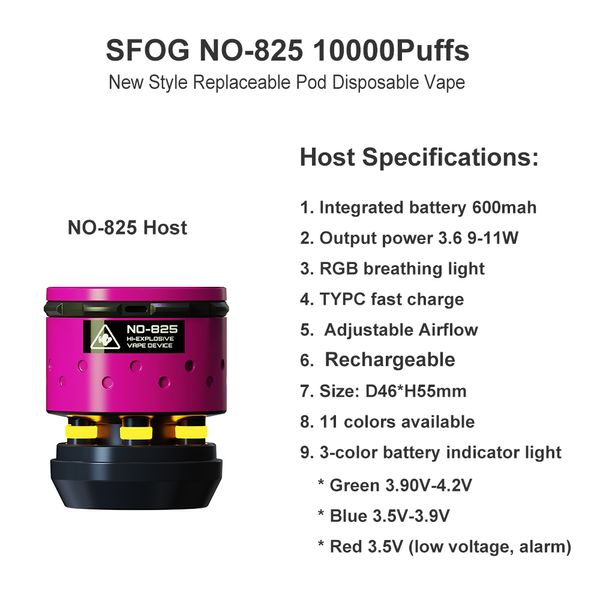 neuer Stil SFOG NO-825 HOST austauschbarer Pod E-Zigarette 600 mAh Eingebauter Akku wiederaufladbar mit RGB-Licht großer Dampfstift