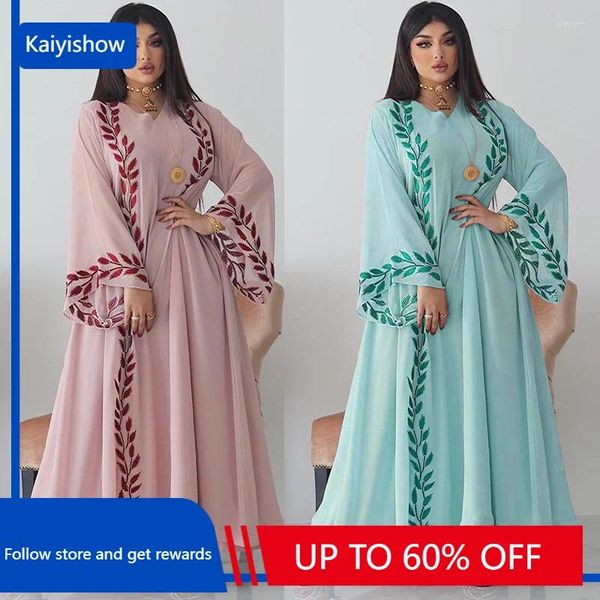Ethnische Kleidung Abaya Kleid Muslim Mode Frauen Langarm V-Ausschnitt Polyester Rosa Hellgrün Elegante Kleider mit Kopftuch