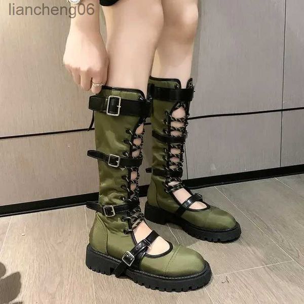 Stiefel Gürtelschnalle Motorradstiefel mit hohem Lauf, schlanker und langer Lauf, coole Stiefel mit Riemen, ausgehöhlte lange Stiefel für DamenL231025