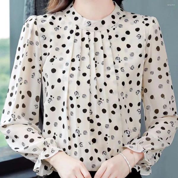 Blusas femininas 2023 outono impresso polka dot camisa blusa feminina elegante manga longa plissado babados topo blusas elegantes