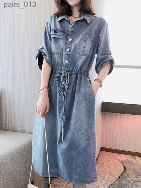 Vestidos casuais básicos elegante vestido vintage mulheres primavera verão denim sólido formal feminino moda azul turn-down colarinho roupas soltas yq231025