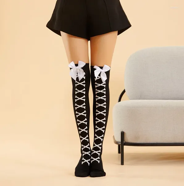 Frauen Socken Halloween Lustige Weihnachten Schwarz Lolita Gestreifte Schleife Geschenke Sexy Oberschenkel Hohe Nylon Lange Strümpfe Niedlich Über Knie