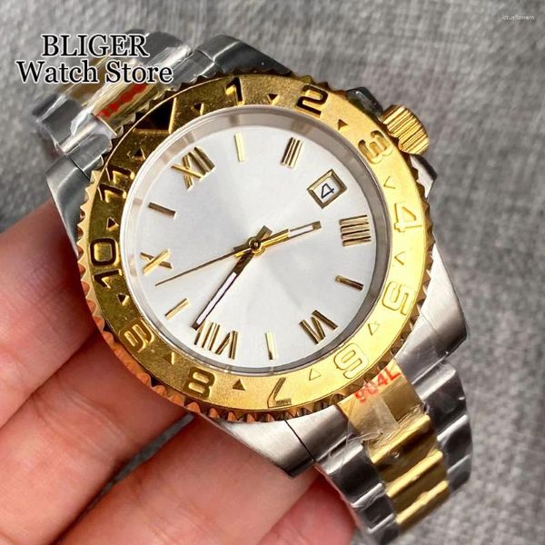 Relógios de pulso 40mm dois tons ouro nh35a homens automáticos relógio números romanos mostrador de prata pulseira de aço safira vidro slide fivela