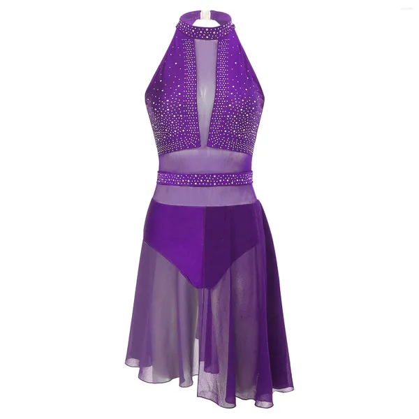 Bühnenkleidung Damen Chiffon Lyrisches Kleid Ballett Tanzbekleidung Eiskunstlauf-Wettbewerbskostüm Strass Ärmelloses Mesh-Trikot