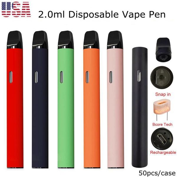 USA Stock 2.0ml Penna Vape usa e getta e sigarette 350mah Batteria ricaricabile Penne vaporizzatore vuote Dispositivo a prova di bambino Pod 50 pezzi / custodia D11