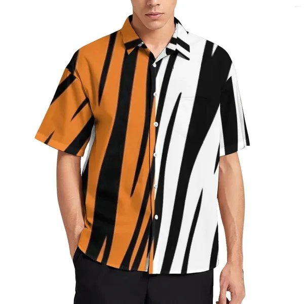 Camicie casual da uomo Camicette a righe tigrate Camicia da spiaggia oversize alla moda con stampa bicolore Hawaii Design a maniche corte
