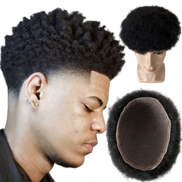 Parrucchino afro riccio in pizzo pieno Sostituzione capelli umani vergini malesi 1# Jet Black 4mm Radice Afro maschile Unità 8x10 Parrucchino in pizzo svizzero completo per uomo nero