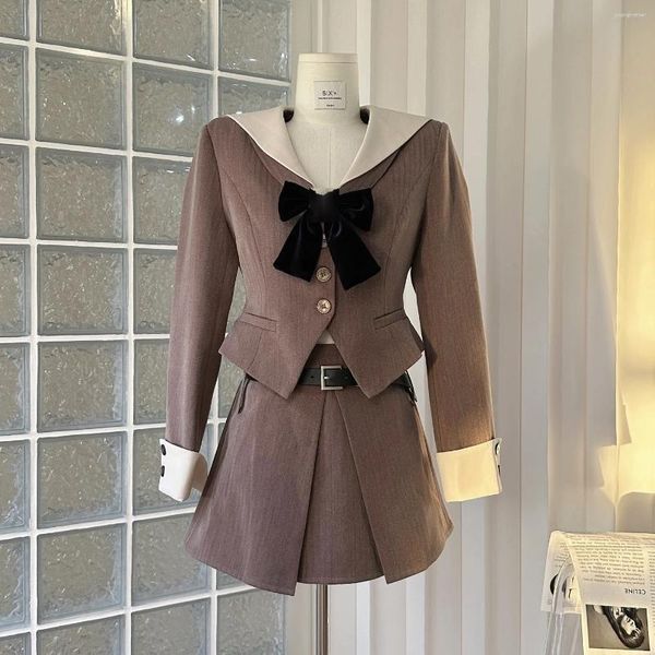 Ternos femininos design original versão coreana 2023 outono gola de marinheiro cintura moda terno jaqueta doce bonito estilo feminino saia marrom