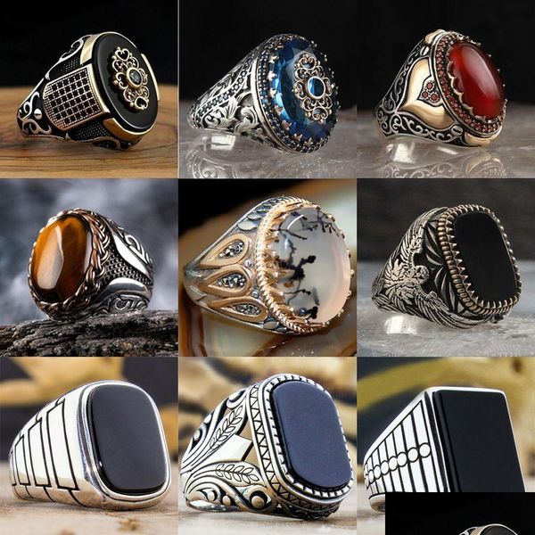 Anillos de banda Anillo turco hecho a mano para hombres Espadas dobles vintage Anillos de circón negro Punk Islámico Relius Joyería musulmana Entrega de gota Dhg Otdut