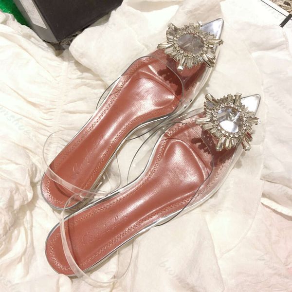 Amina muaddi2023 primavera/verão amina muaddi diamantes flor pvc transparente sandálias planas malha feminina vermelho salto alto sapatos femininos
