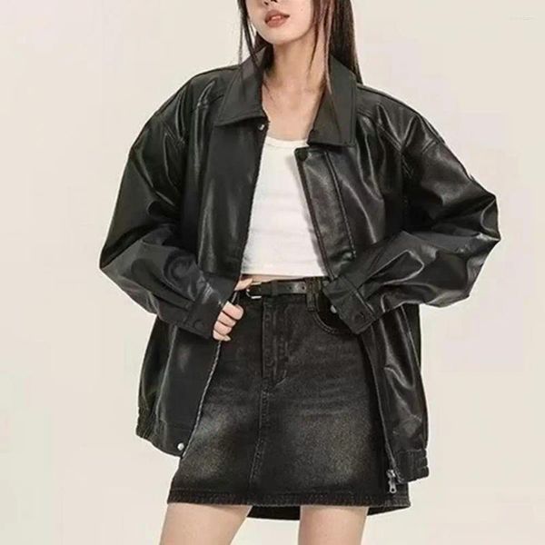 Jaquetas femininas mulheres jaqueta de couro falso estilo americano outwear vintage solto ajuste zíper
