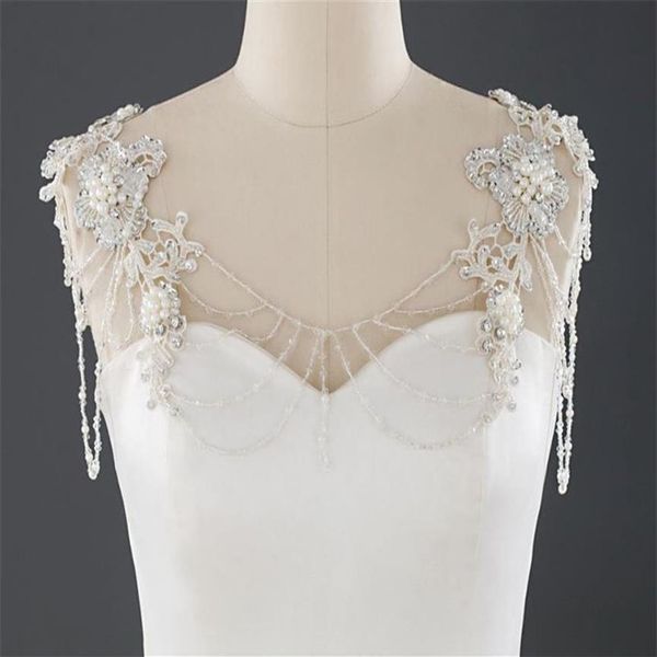 Abito da sposa in pizzo da sposa Collana con perle Perline Abito con catena a spalla intera Giacca con perline Cristalli Bolero Bianco Affascinante Orname265q