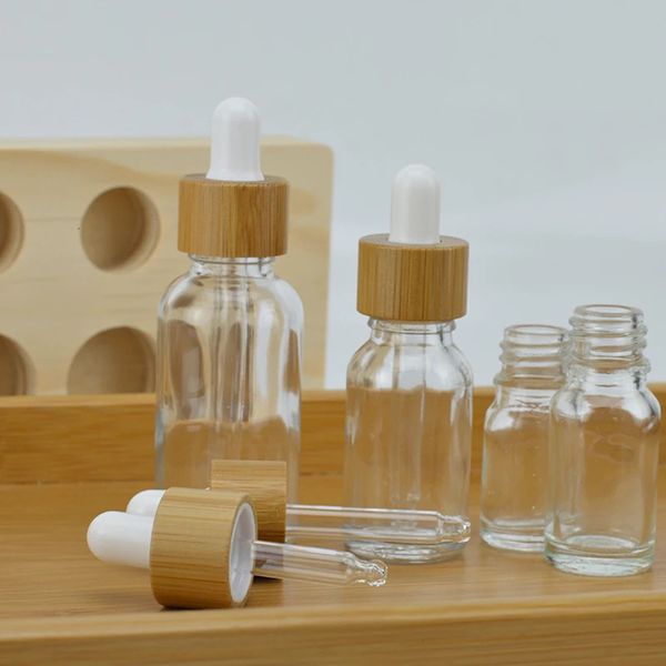 Parfüm şişesi 10pcs 5ml 10ml 30ml 50ml Cam Broşür Şişeler Bambu kapaklı parfüm aromaterapi şişeleri için berrak esansiyel yağ şişeleri 231024