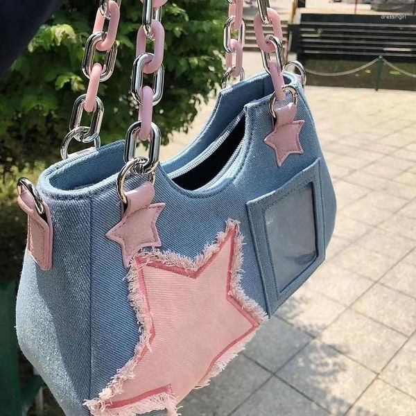 Abendtaschen Koreanische Mode Schulter Unterarm Harajuku Stern Tote Denim Tasche Kette Damen Zip Geldbörsen Handtaschen Frauen 2023 Luxus Platz