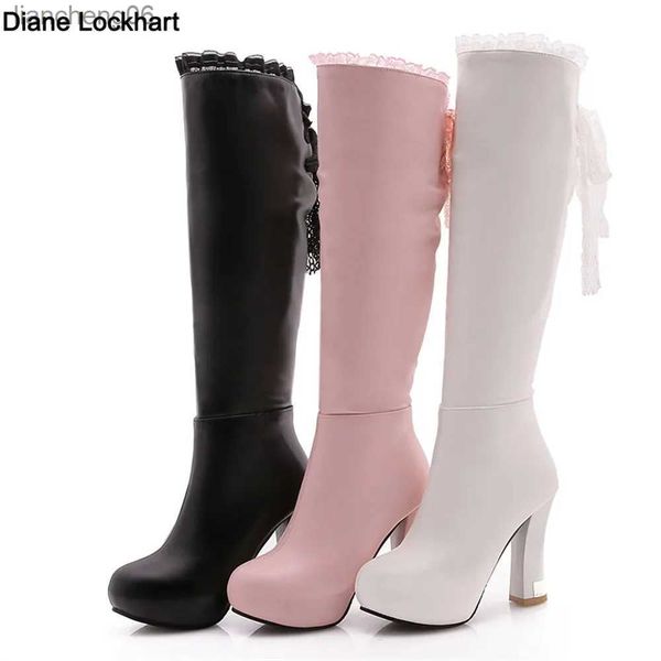 Stiefel 2023 Frühling Herbst Kniehohe Stiefel Frauen Fashion Square Ferse Zipper Spitze Lange Stiefel Frau Leder Schuhe Winter Weiß rosa SchwarzL231025