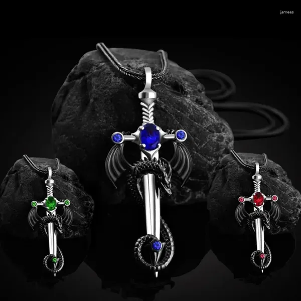 Anhänger Halsketten Gothic Samurai Drache Rubin/Saphir/Grüner Edelstein Schwert Halskette Punk Herren Hochwertige Zinklegierung Fahrrad Geschenk
