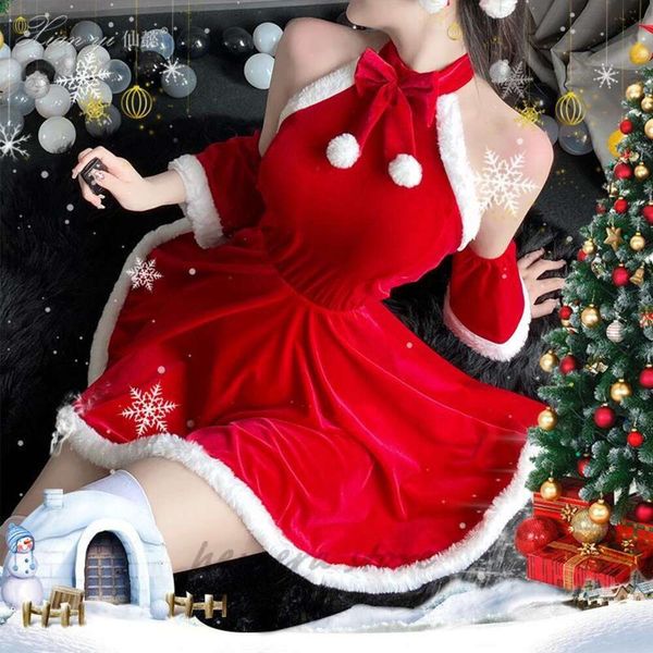 Cosplay Natale Donna Uniforme Fantasia Babbo Natale Costume Cosplay Inverno Rosso Peluche Vestito Sexy Party Mini Abito Cameriera Coniglio