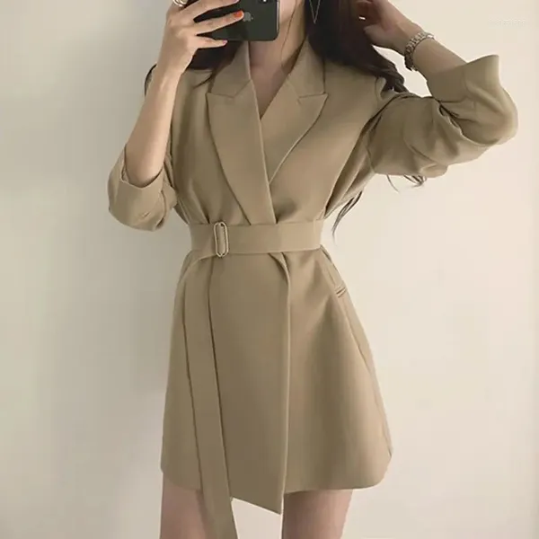 Ternos femininos xpqbb estilo coreano escritório blazer vestido feminino elegante fino ajuste com cinto terno jaquetas senhoras cor sólida manga longa colheita