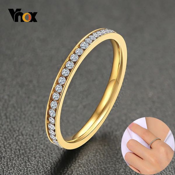 Bandringe Vnox 2mm Bling CZ Stones Ring für Frauen Dame Gold Farbe Edelstahl Shinny Kristall Fingerband Eleganter Schmuck 231024