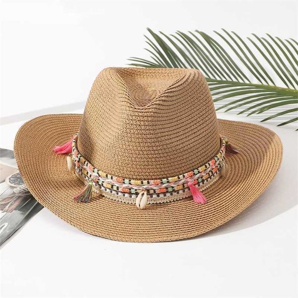 Atacado feminino rosa borla cowboy chapéu floppy praia chapéus verão palha senhoras proteção uv panamá sol 230920