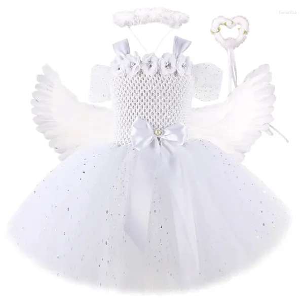 Fontes de festa vestido de tutu de anjo branco brilhante para meninas natal trajes de halloween crianças flor vestido de baile de fadas roupas com varinha de asa