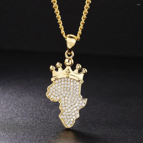 Colares Pingente Rock Crown África Mapa Iced Out CZ Colar de Aço Inoxidável Cuban Link Chain No Pescoço Punk Hip Hop Trendy Jóias OHP104