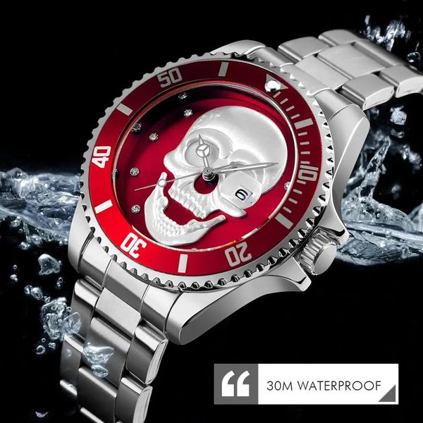 Armbanduhren SKMEI Armbanduhr Herren Quarz Schädel Uhr Männer Edelstahl Skeleton Kreative Uhren Männliche Uhr Wasserdicht Relogio Masculino 231025