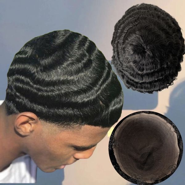 Pezzi di capelli umani vergini mongoli onda 15mm 1B parrucca maschile nera 8x10 parrucchino unità piena in pizzo per uomo nero
