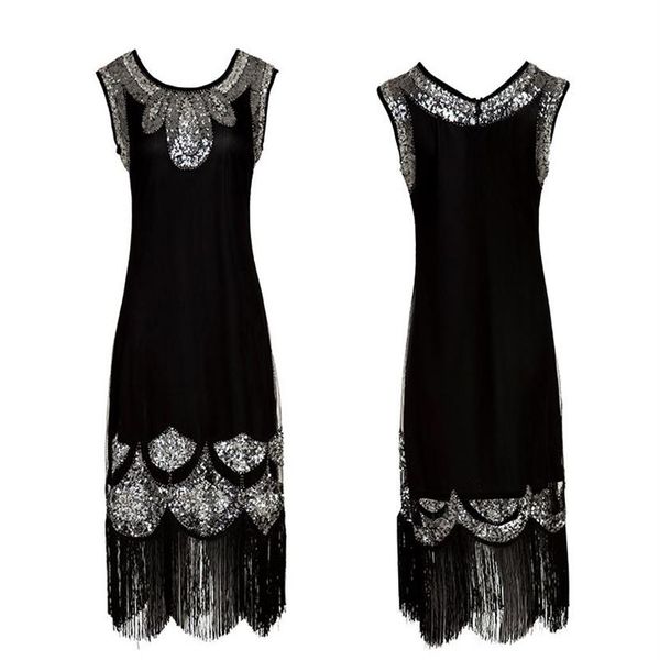 Dehnbares kleines Schwarzes Kleid Midi Vestido Damen 1920er Jahre Vintage Perlen Fransen Pailletten Flapper Kleid Gatsby Tunika Top Etuikleid316V