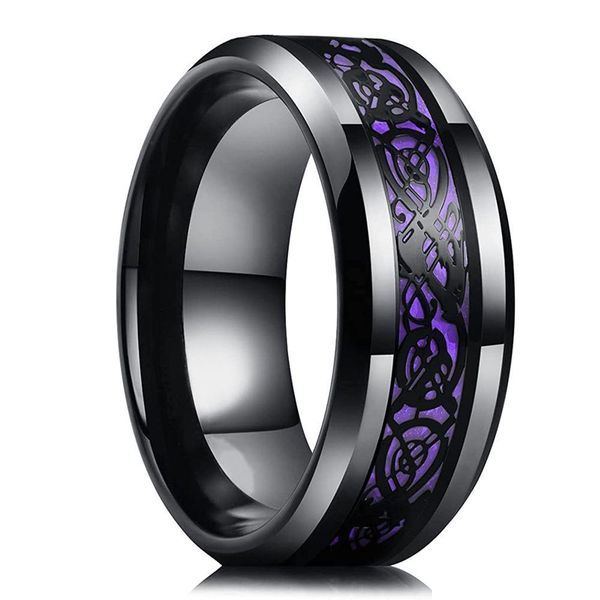 Anéis de banda 8mm homens aço inoxidável anel de dragão celta inlay roxo fibra de carbono jóias de casamento drop entrega dhgarden ots7i