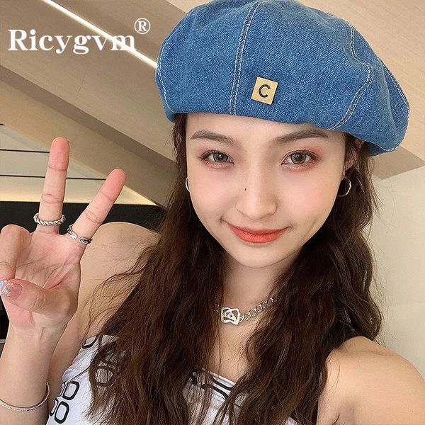 Berets Koreanische Frauen Denim Mode Retro Achteckige Hut Elegante Dame Künstler Maler Kappe Y2K Kpop Egirl sboy Beanies Mädchen motorhaube 231025