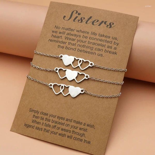 Braccialetti con ciondoli Set da 3 pezzi Carta a forma di cuore in acciaio inossidabile per amici Coppia Famiglia Donna Uomo Sorella Amicizia Gioielli