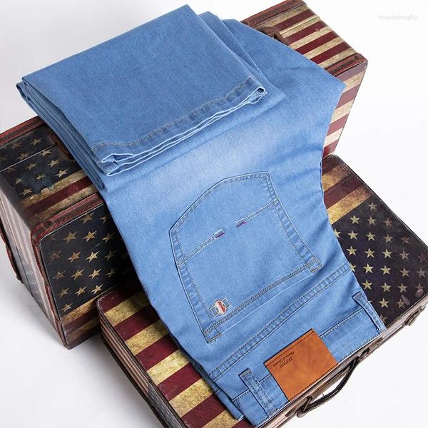 Calças de brim masculinas primavera verão solto em linha reta leve de alta qualidade calças estiramento algodão fino denim clássico marca 40 42