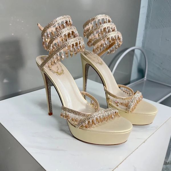 Kristall-Kronleuchter-Plateau-Sandalen in Schlangenform, gewundene Stiletto-Sandalen mit hohen Absätzen, Damen-Kleiderschuhe, mit Strass verzierte Luxus-Designer-Partyschuhe