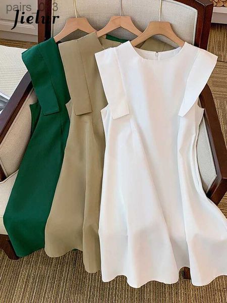 Abiti casual di base Jielur Summer New Solid Color Slim Elegante abito da donna da donna Bianco verde caffè O-Collo in chiffon femminile YQ231025