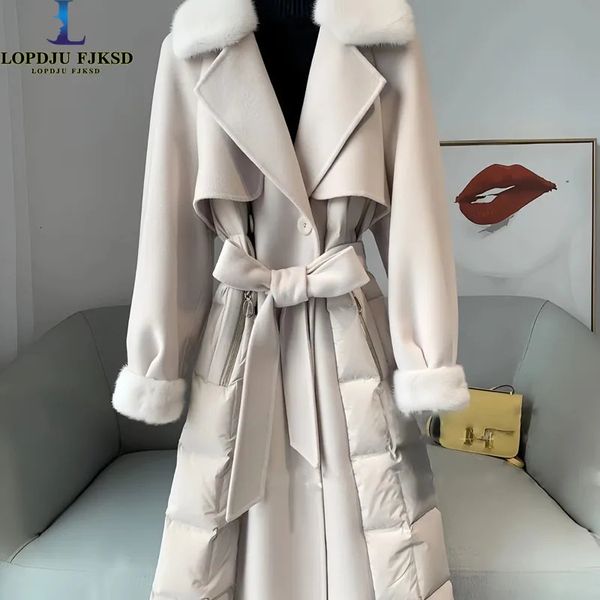 Misturas de lã feminina dupla face casaco de lã para mulheres gola de vison completo longo blusão cintura ajustável inverno europeu 231024
