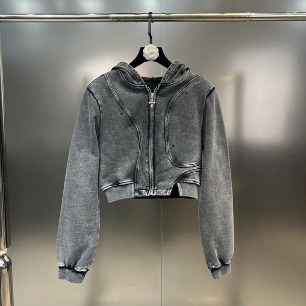 Giacche da donna PREPOMP 2023 Collezione autunno Zipper Cardigan con cappuccio imbottito spalla vita alta grigio giacca corta cappotto donna GM153