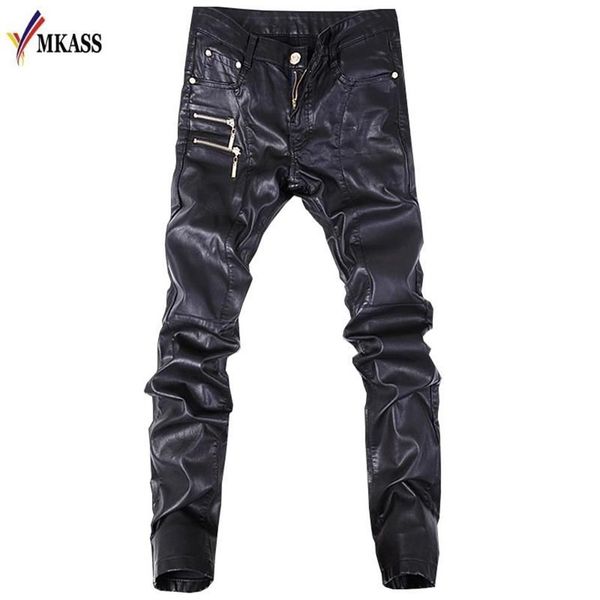 Outono motociclista homens magros gótico punk moda calças de couro falso pu fivelas hip hop zíperes calças pretas masculinas 241v