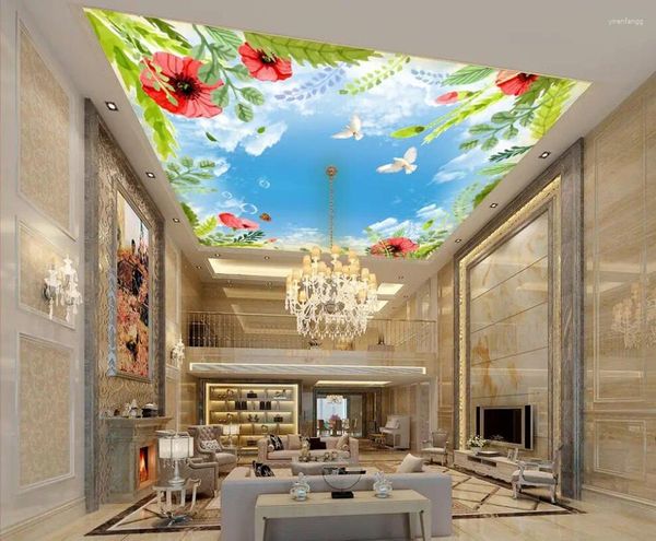 Sfondi WDBH Personalizzato 3d Soffitto Murales Carta da parati Uccello Farfalla Nuvole bianche Decorazioni per la casa Pittura murale per soggiorno