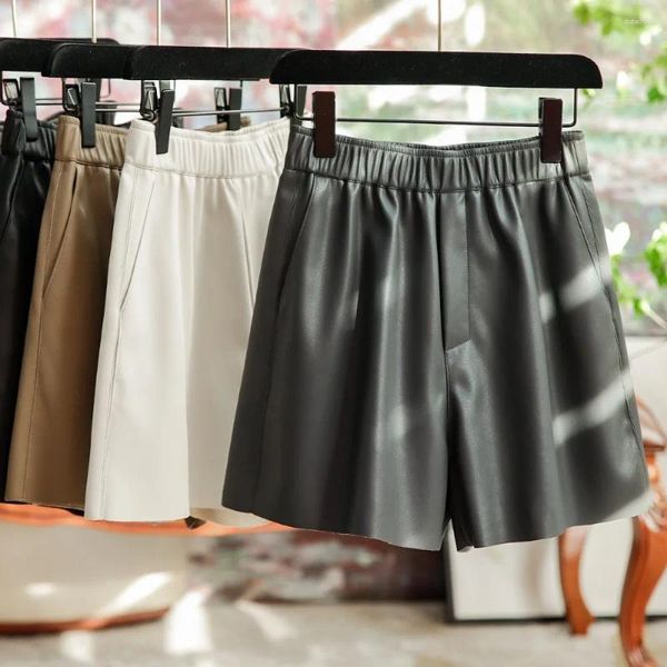 Damen-Shorts, glatt, strukturiert, elastische Taille, PU, umweltfreundliches Leder, weites Bein, weiblich, lässig, vielseitig, angenehmes Handgefühl