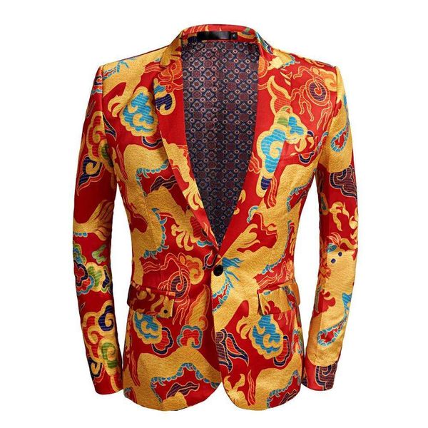 Casual boutique estilo chinês dragão vermelho terno jaqueta blazers masculino s d graffiti impressão roupas casaco de verão
