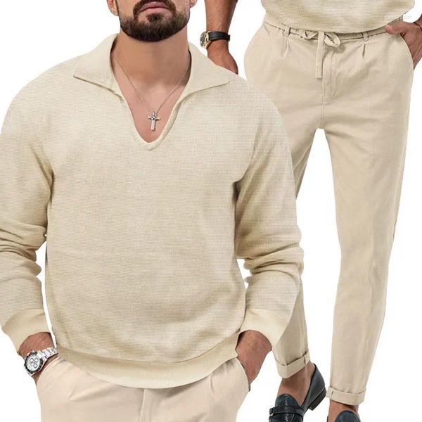 Tute da uomo Primavera Tinta unita Set da uomo Autunno Casual Pantaloni a maniche lunghe con scollo a V Moda Set da 2 pezzi Tuta da uomo lavorata a maglia